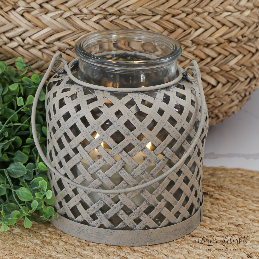 Lattice Lanterns: Set of 2 featuring delicate beige lattice design, perfect for adding texture and warm light to any space.