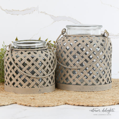 Set of 2 Lattice Lanterns featuring a delicate beige lattice design, perfect for adding warm light and texture to your space.