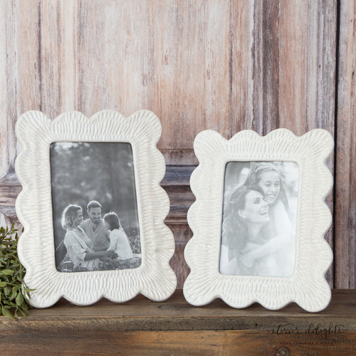 Woven Ceramic Frames in two sizes, showcasing elegant design and scalloped edges, perfect for displaying cherished memories.