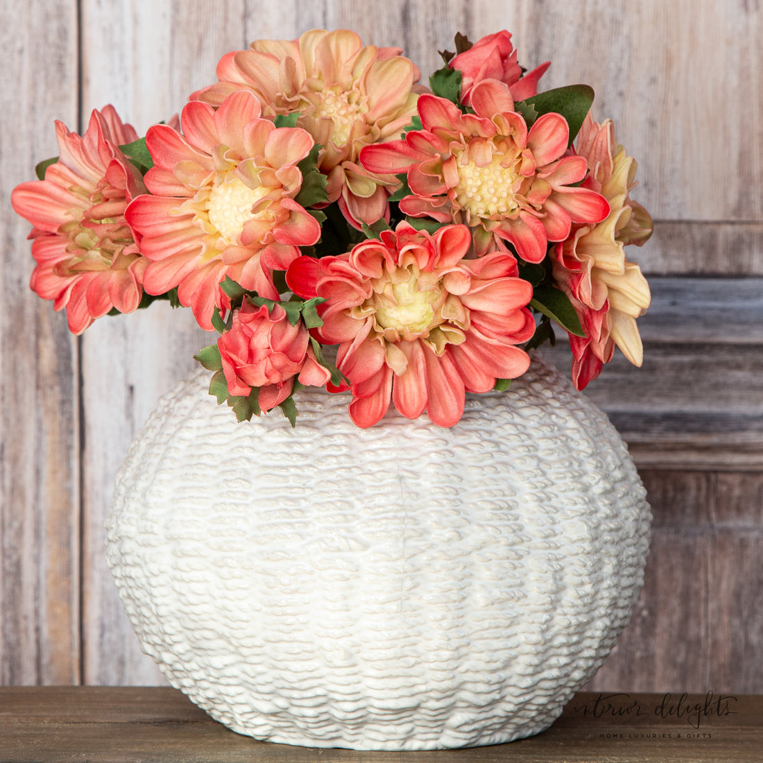 The Ombre Curated Set: 7&quot; Woven Vase + 3 Coral Mum Bundles