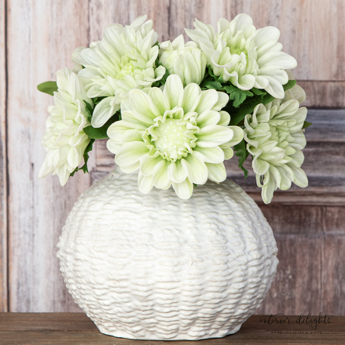 Curated Set: 6&quot; Woven Ceramic Vase displayed elegantly with two white mum bundles, perfect for adding a touch of beauty to your decor.