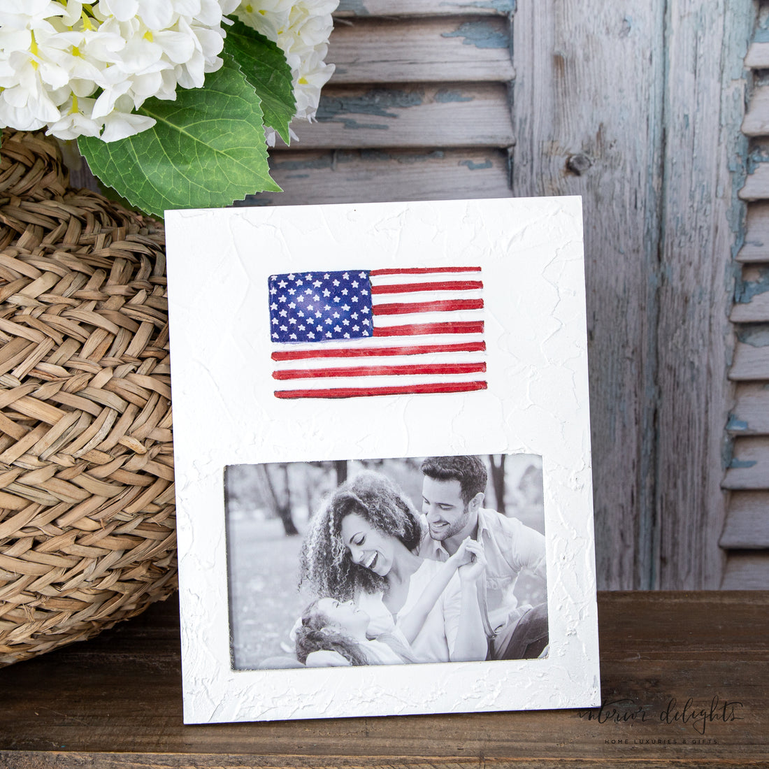 Flag Frame 4x6 featuring a textured white background and a beautifully painted American flag, perfect for showcasing memories.