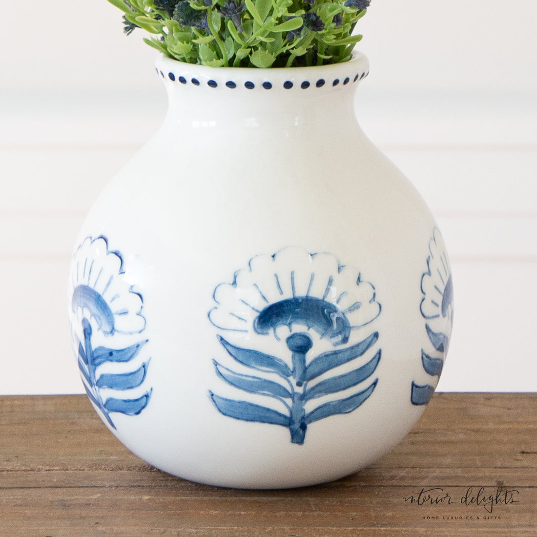 5” Buti Block Print Flower Vase featuring a beautiful blue and white block flower pattern, perfect for smaller floral arrangements.