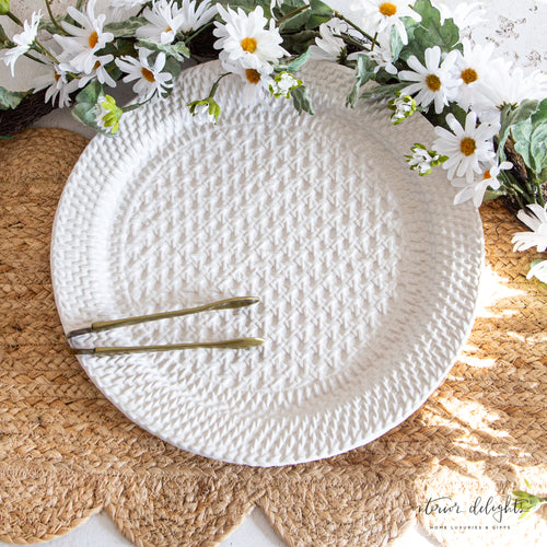Woven Stoneware Platter showcasing a textured basket-inspired design, perfect for serving hors d'oeuvres.