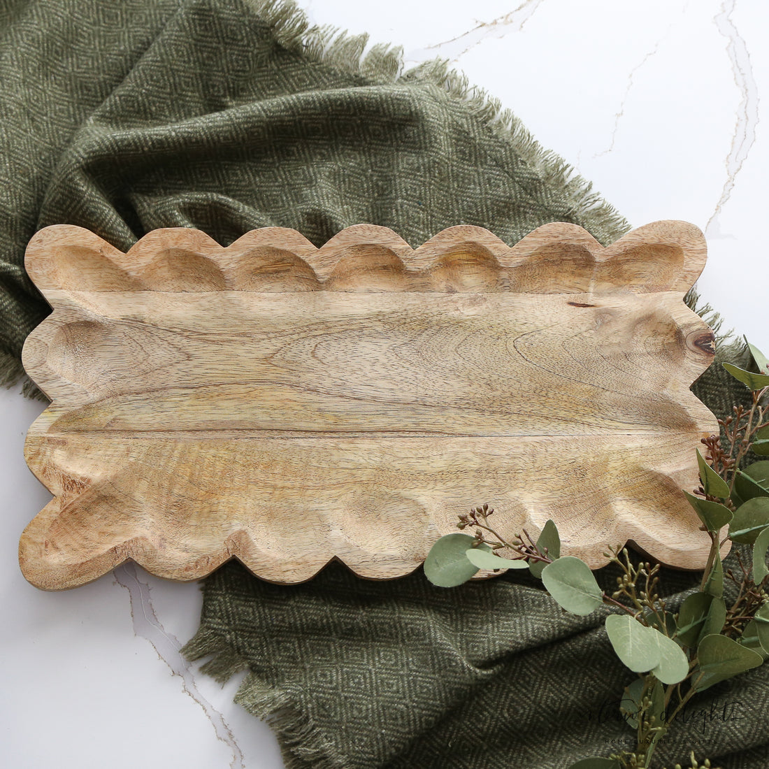 Mango Wood Tray with Scalloped Edge featuring a beautifully grained wooden surface and decorative scalloped edge, perfect for serving drinks and snacks.