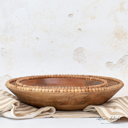 Wood Beaded Nesting Trays Set of 2 featuring handcrafted natural wood with beaded detailing, perfect for rustic decor
