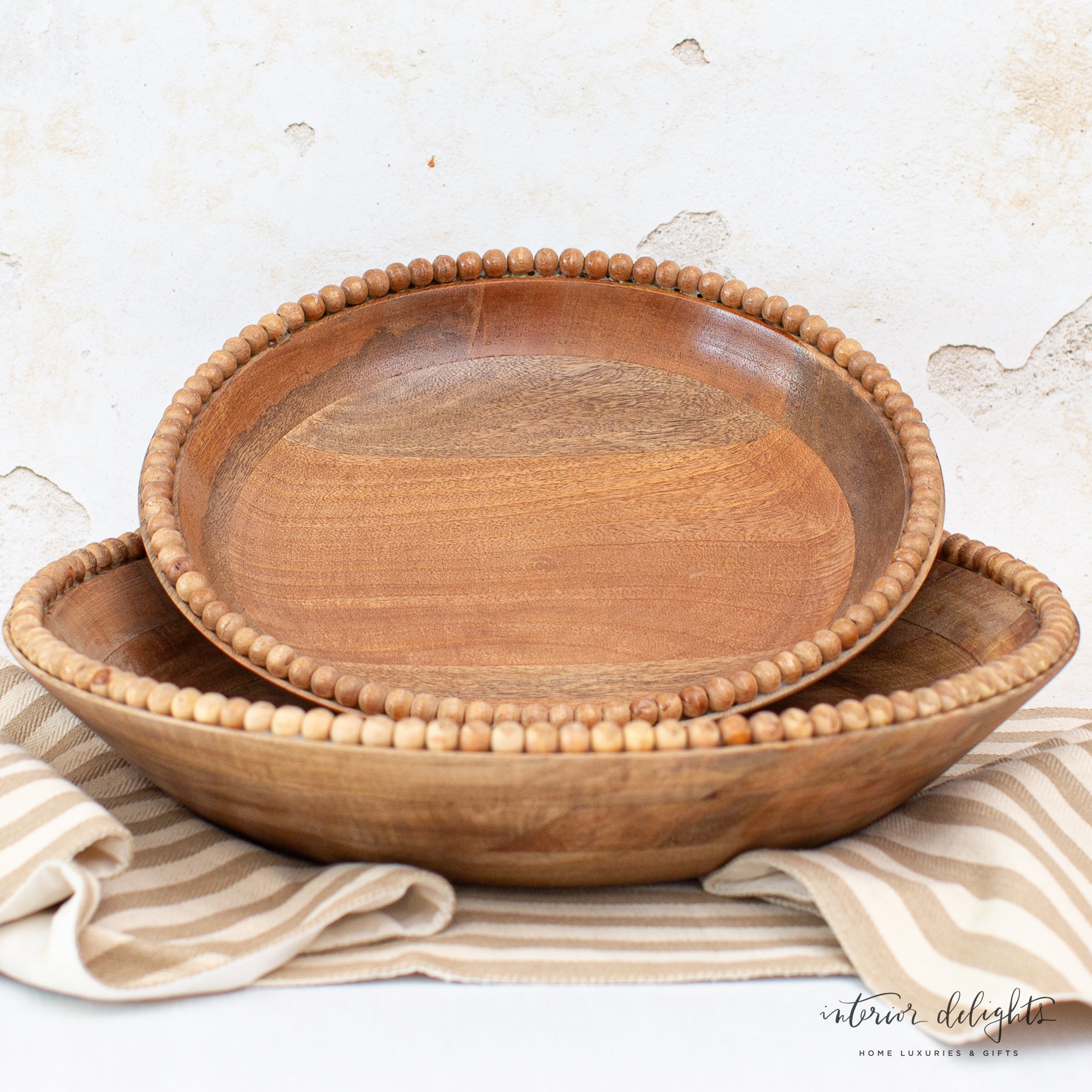 Wood Beaded Nesting Trays Set of 2 showcasing the large and small bowls with charming beaded rims.