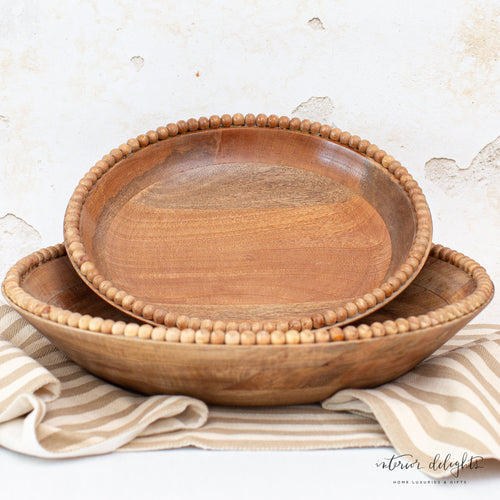 Wood Beaded Nesting Trays Set of 2 showcasing the large and small bowls with charming beaded rims.