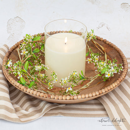 Close-up of Wood Beaded Nesting Trays Set of 2, highlighting the intricate beaded rim and natural wood finish