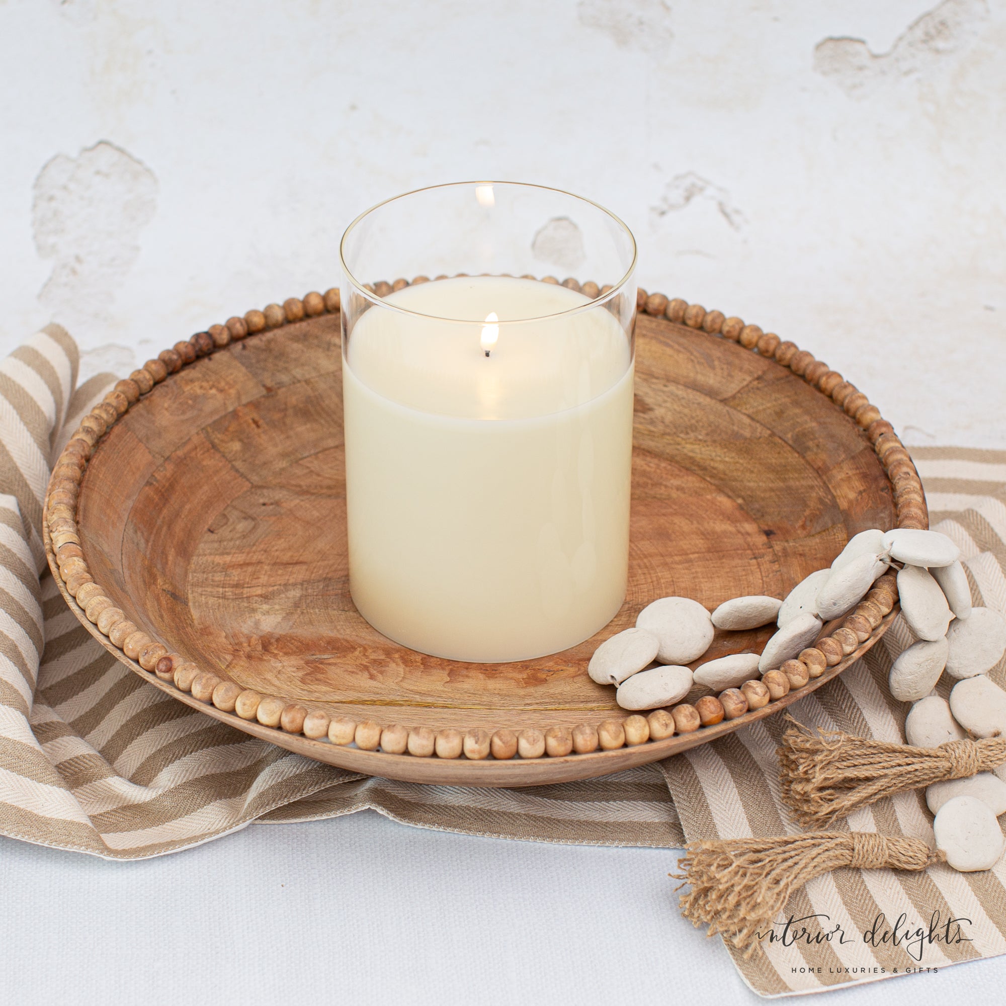 Stylish Wood Beaded Nesting Trays Set of 2 displayed with snacks, showcasing their functional and decorative use