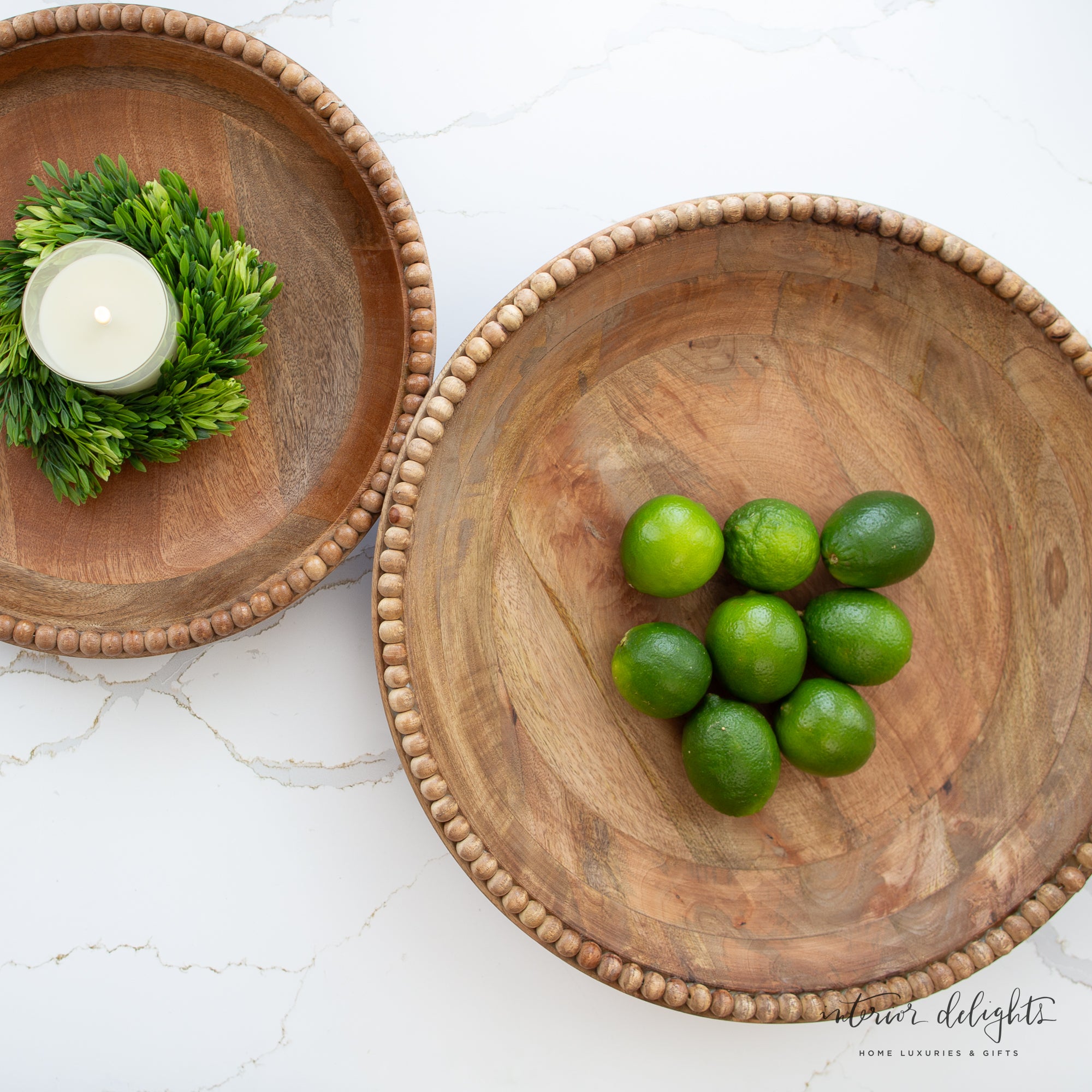 Wood Beaded Nesting Trays Set of 2 styled on rustic open shelving, perfect for decor and storage.
