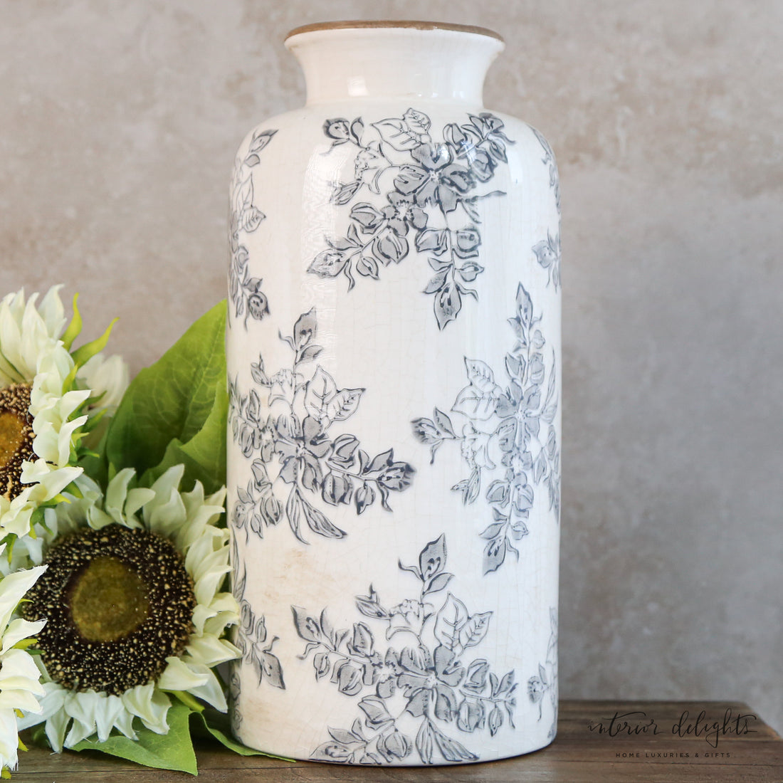 12.4&quot; Cream Ceramic Vase with Grey Blue Floral Design