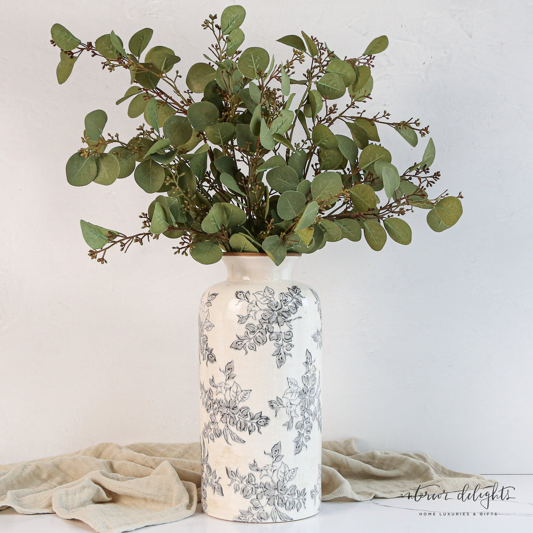 12.4&quot; Cream Ceramic Vase with Grey Blue Floral Design