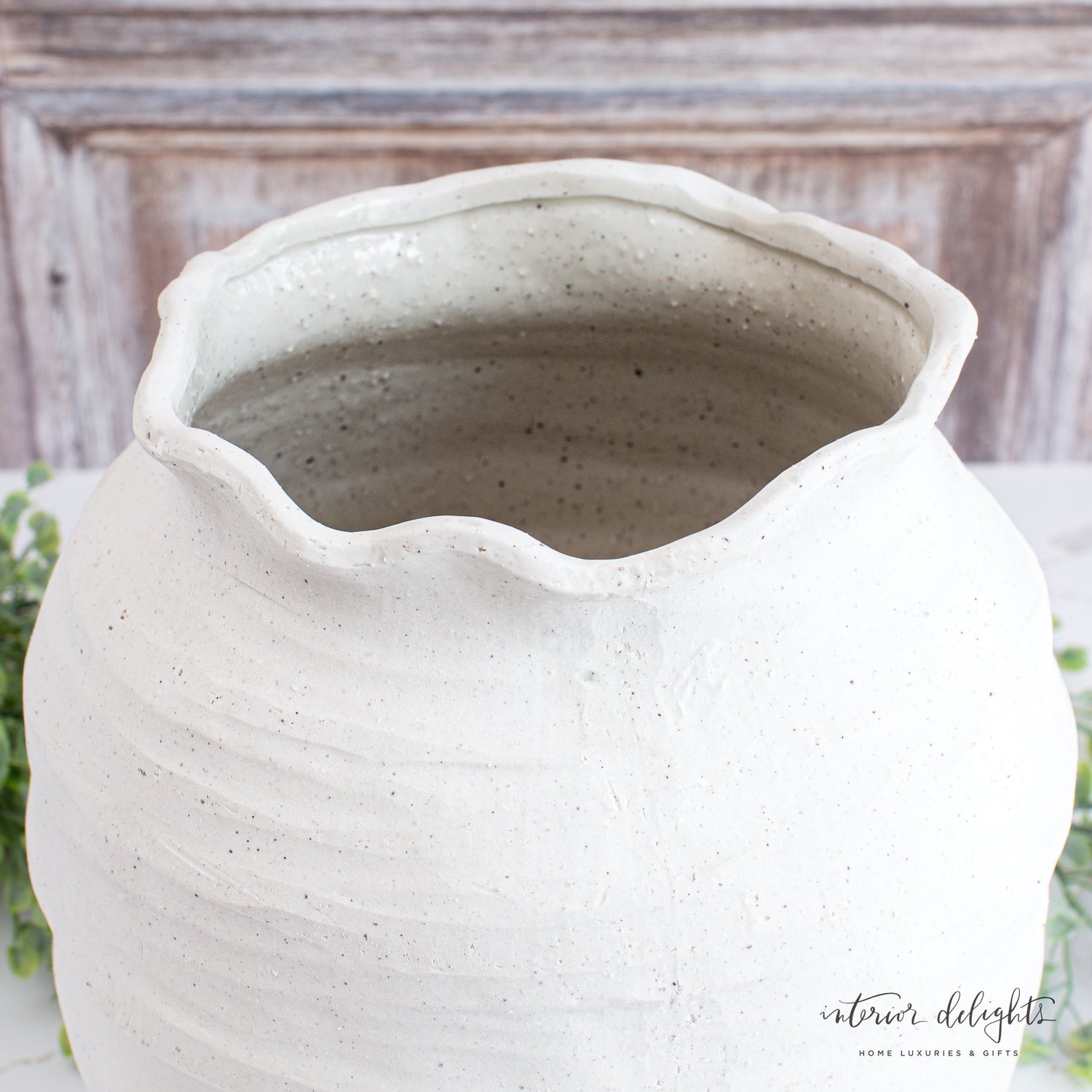 12” Ivory Scalloped Top Stoneware Vase