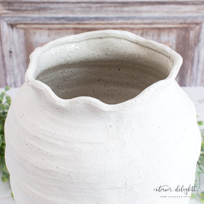 12” Ivory Scalloped Top Stoneware Vase