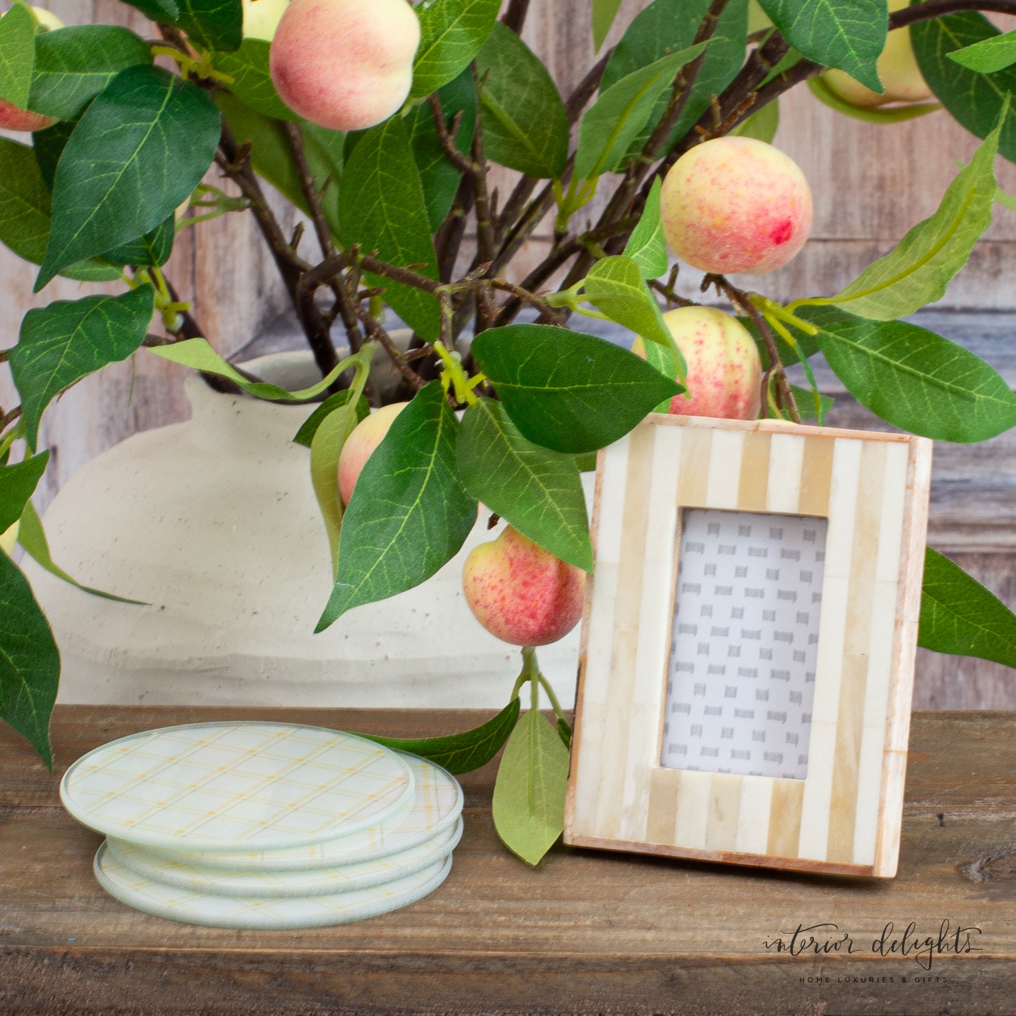 Handmade Striped Bone Inlay Photo Frame holding a 2&quot; x 3&quot; photo with dimensions of 4.25&quot; x 3.25&quot;, perfect for displaying your favorite images.