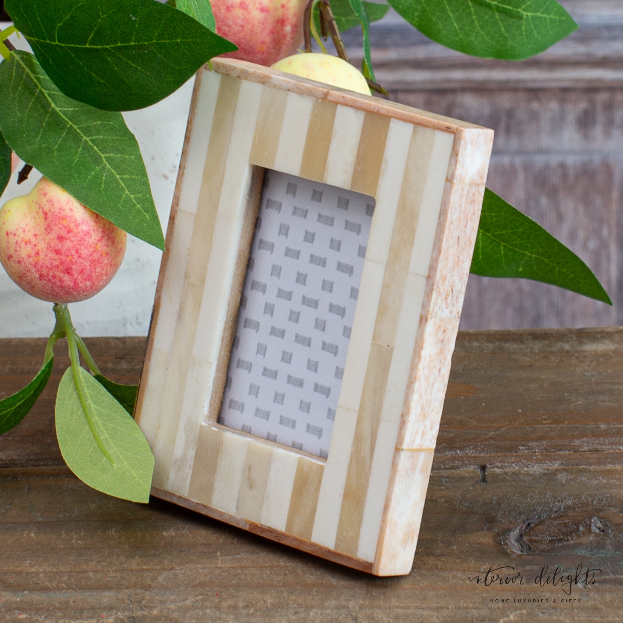 Close-up view of the Striped Bone Inlay Photo Frame highlighting intricate craftsmanship.