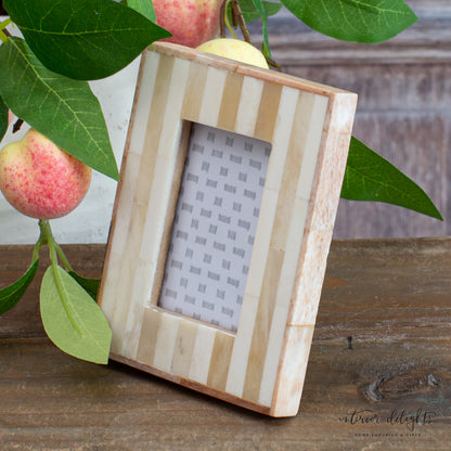 Close-up view of the Striped Bone Inlay Photo Frame highlighting intricate craftsmanship.