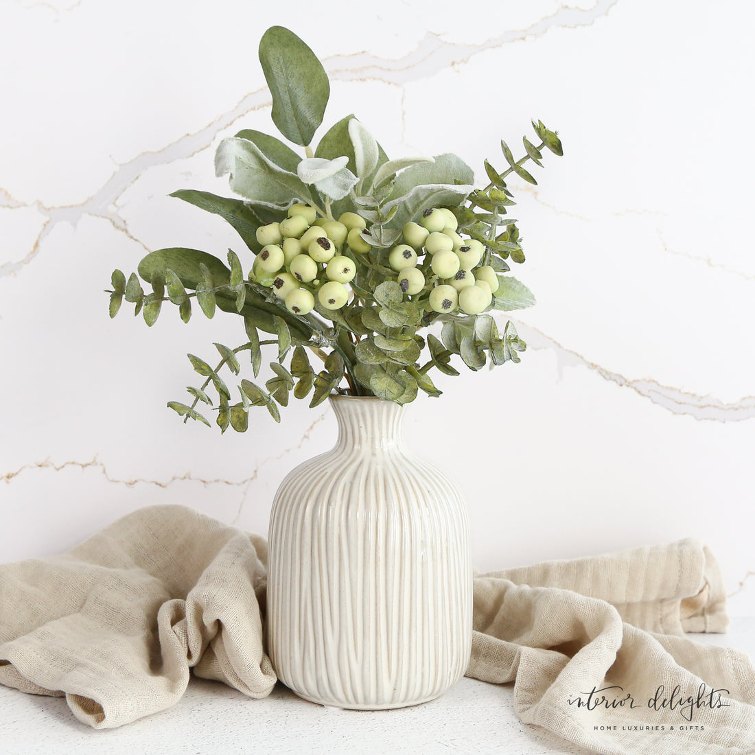 Mixed Green Foliage with Berries Bundle, a vibrant faux flower arrangement featuring lush green leaves and berries, perfect for home decor and centerpieces.