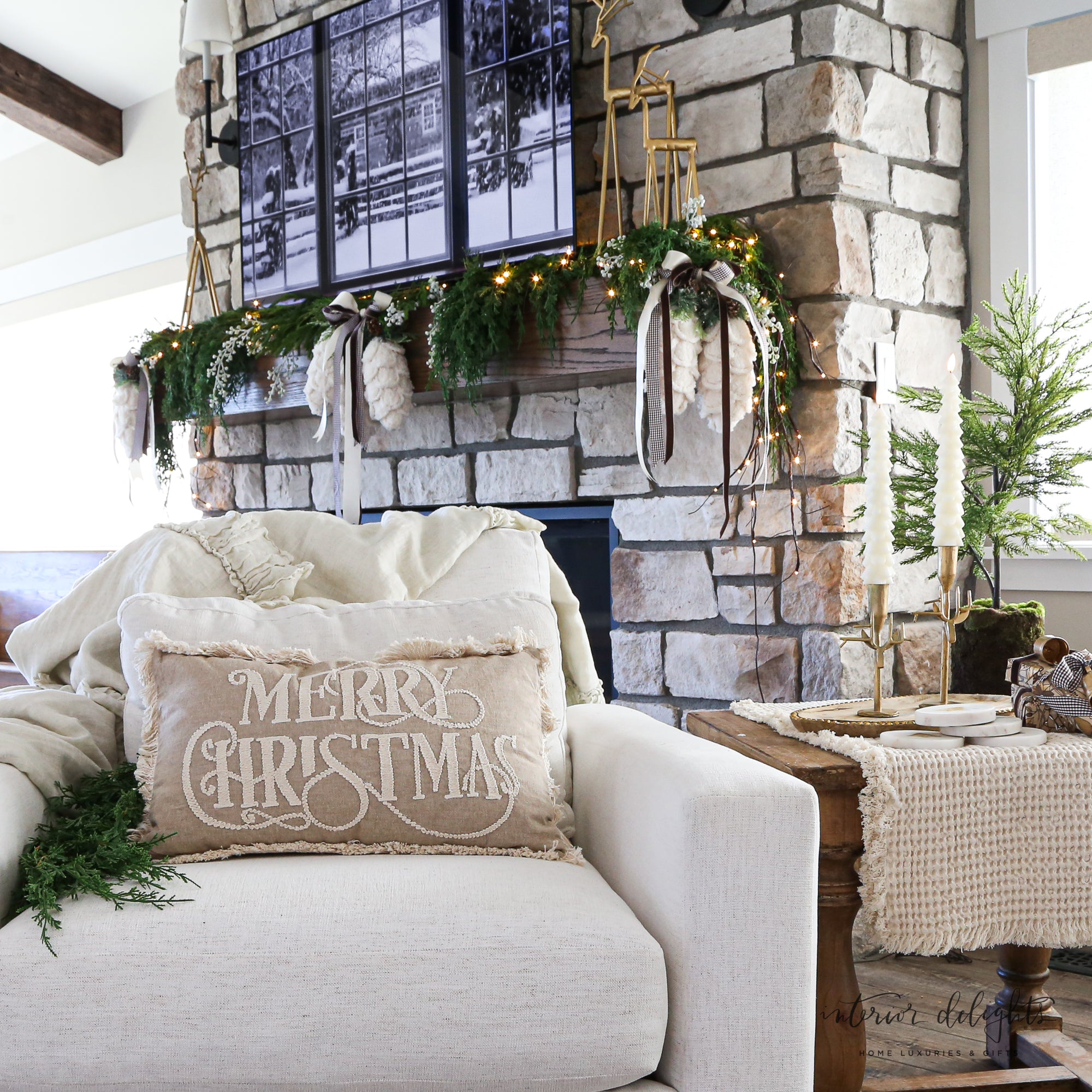 Stylish Beige Merry Christmas Pillow 12x20 displayed on a couch to enhance holiday décor.