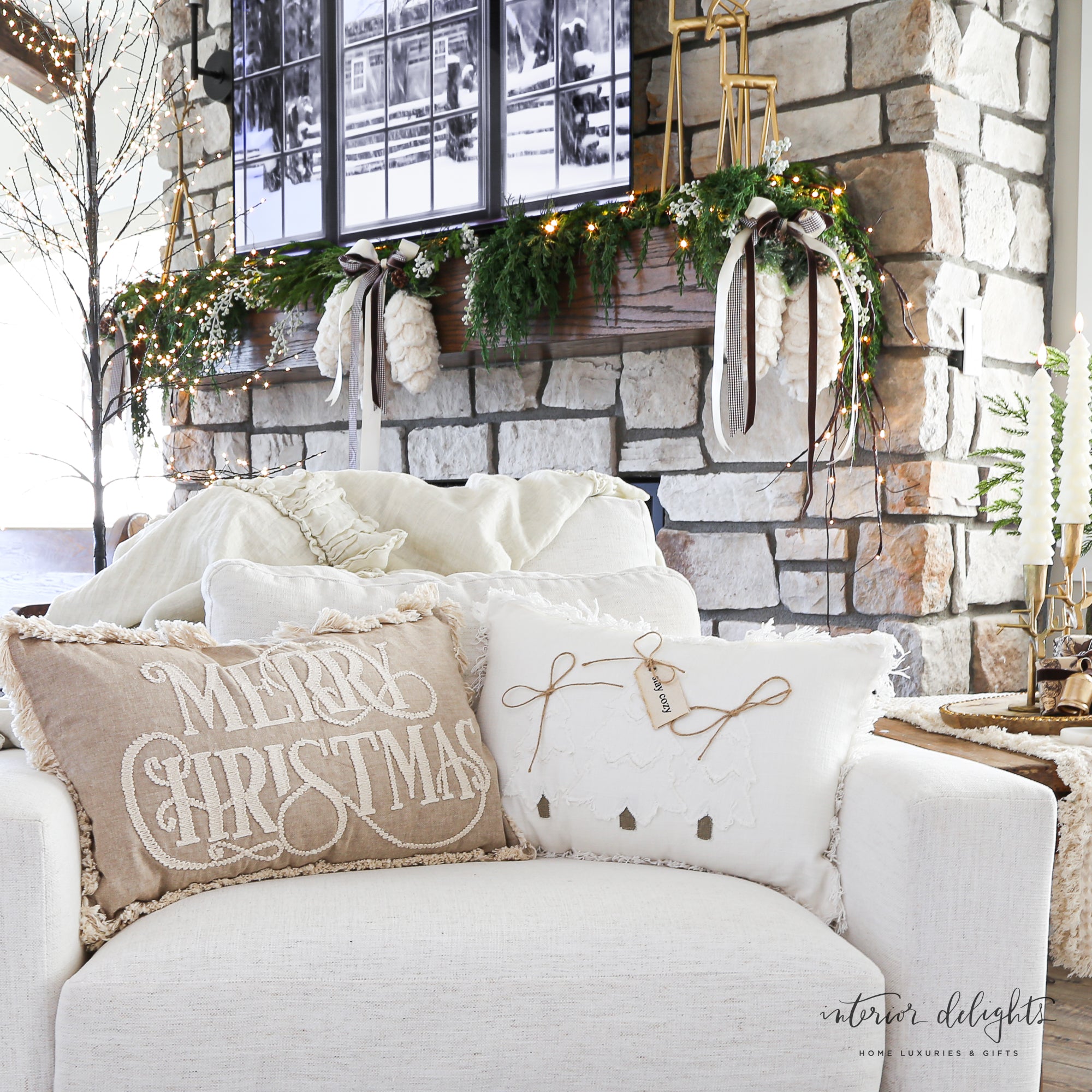 Close-up of Beige Merry Christmas Pillow 12x20 with elegant &