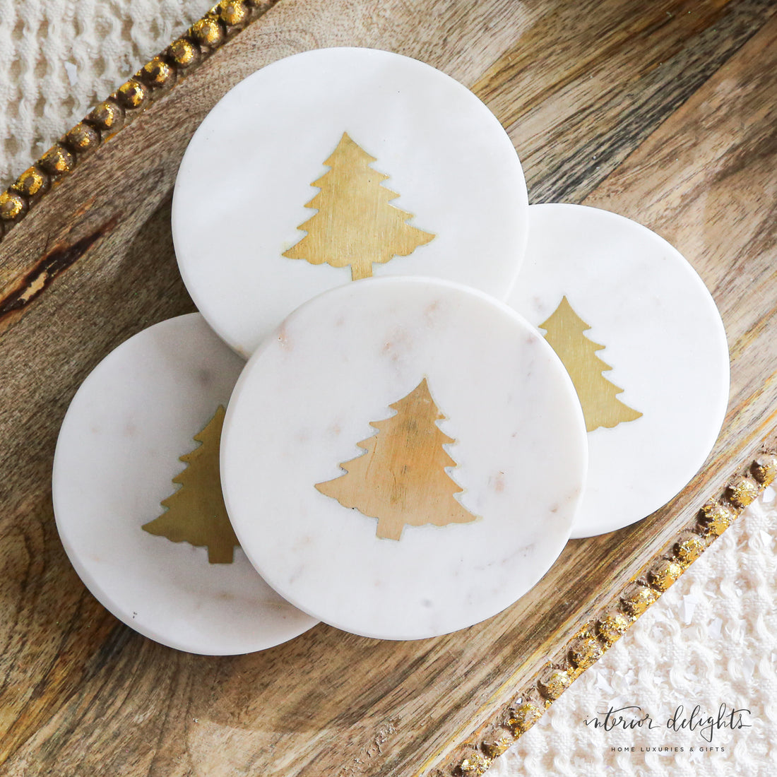 Gold Christmas Tree Marble Coasters