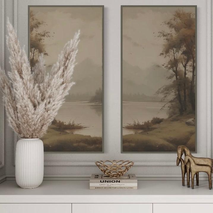 Pond Framed Canvas Set (2 Piece Set) featuring a vintage design printed on natural cotton canvas with a thin gray hairline frame, perfect for adding a serene touch to your decor.