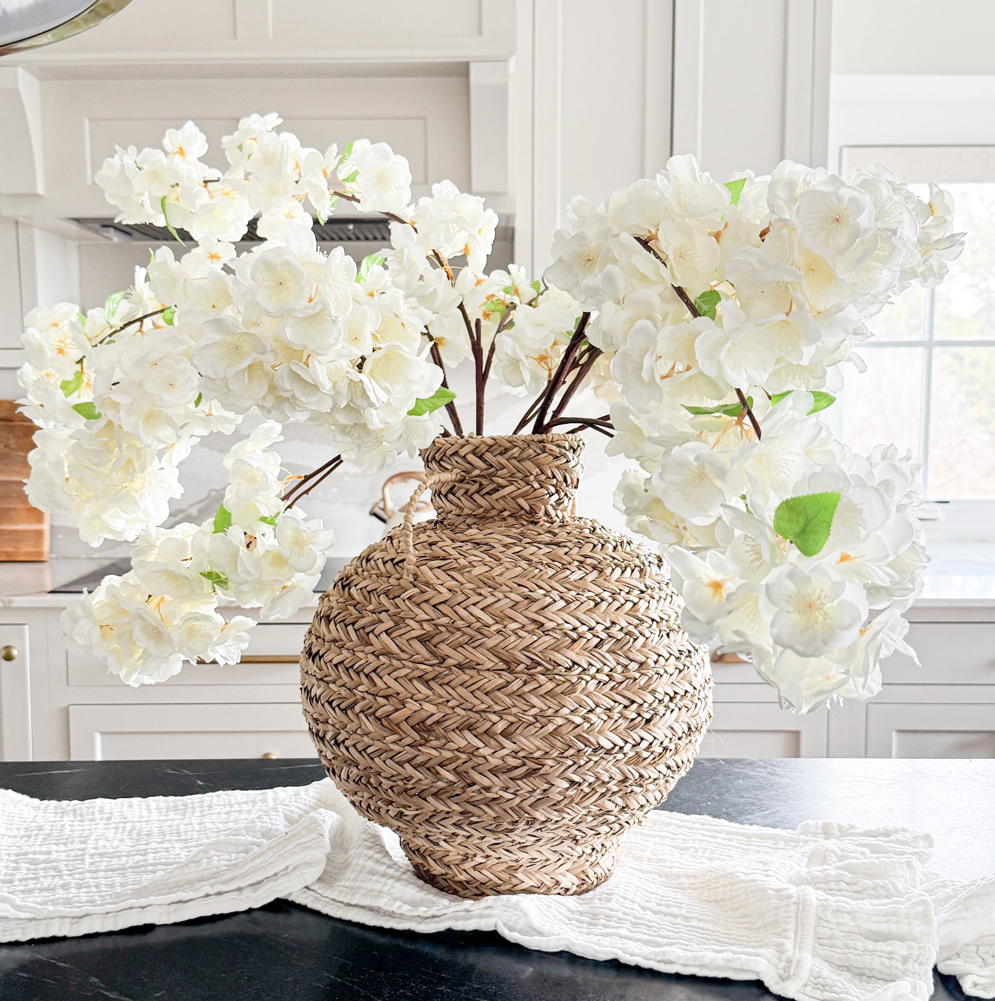 Seagrass Vase with 5 Cherry Blossom Stems - Interior Delights