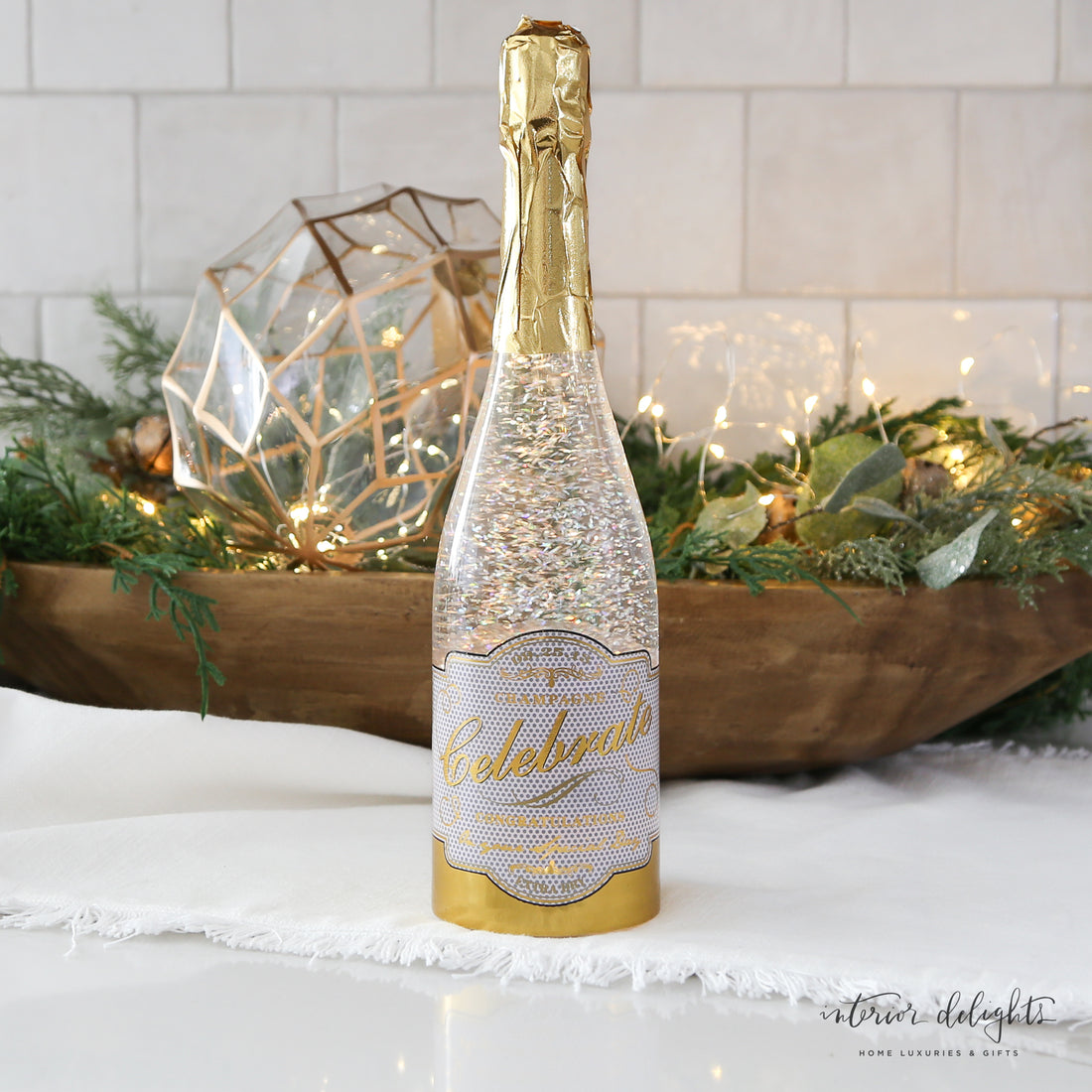 Lighted Champagne Bottle with Swirling Glitter
