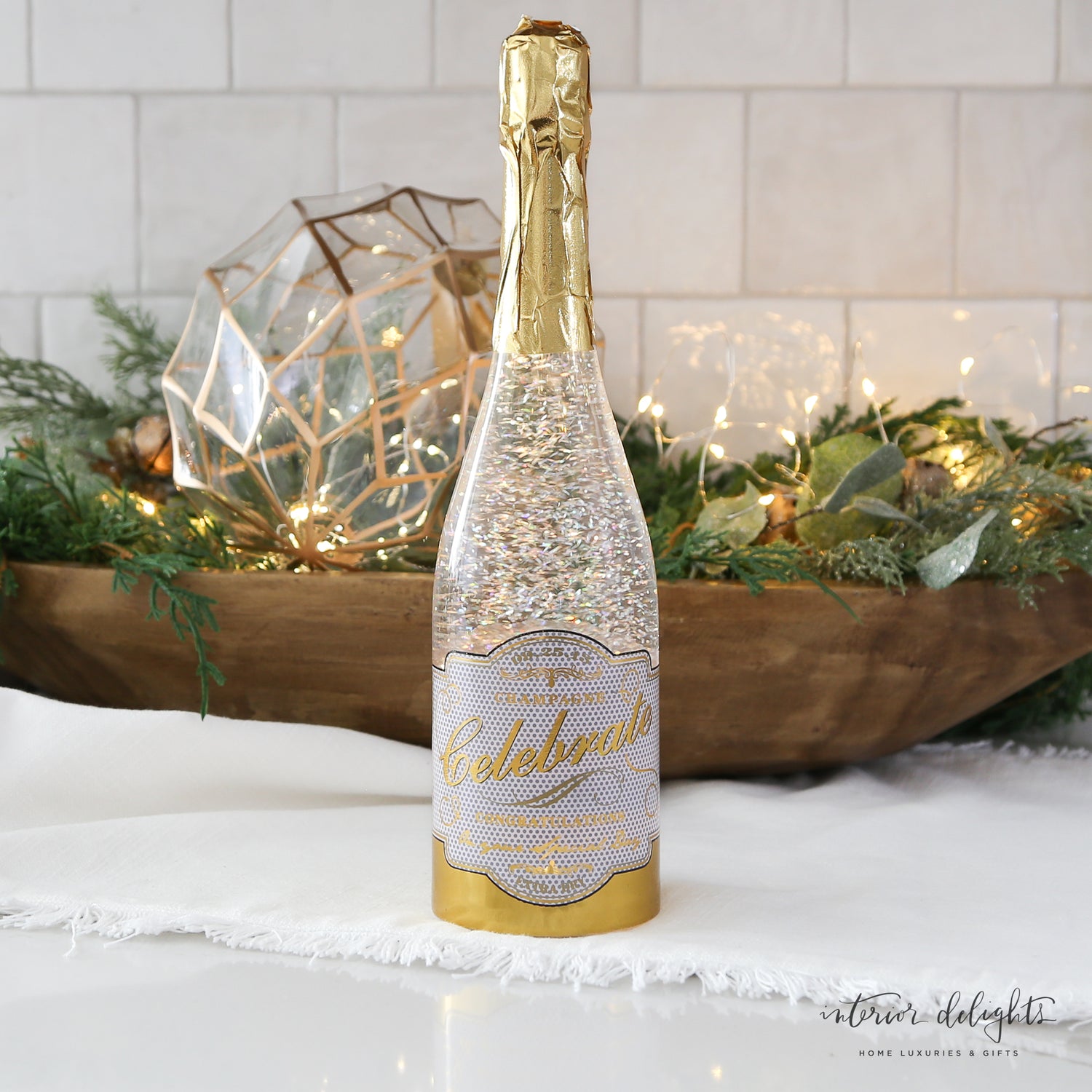 Lighted Champagne Bottle with Swirling Glitter