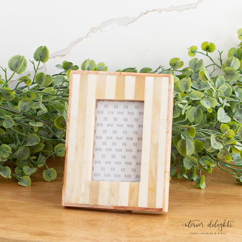 Handmade Striped Bone Inlay Photo Frame showcasing a 2" x 3" picture in a stylish design.