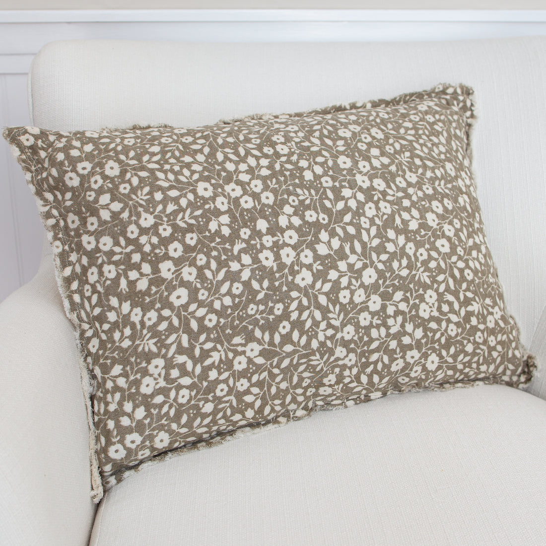 Beige Floral and Leaf Lumbar Pillow- 14in x 20in