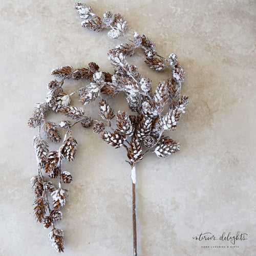 46" Mini Snowy Pinecone Hanging Spray displaying delicate pinecones with a snowy finish for holiday decor.