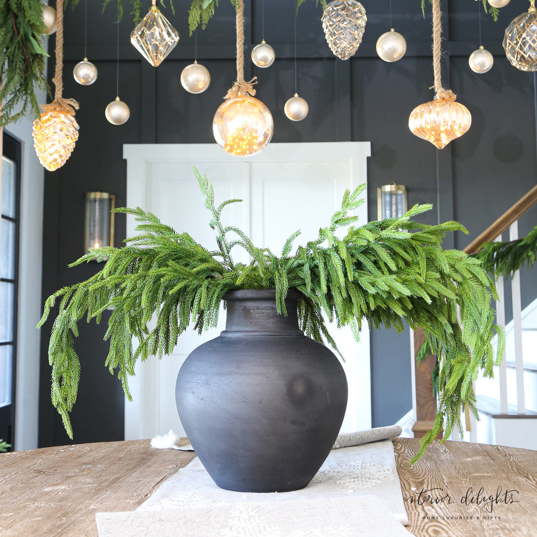 ARRANGEMENT: 4 Handle Vase with Gold Bells and Norfolk Sprays