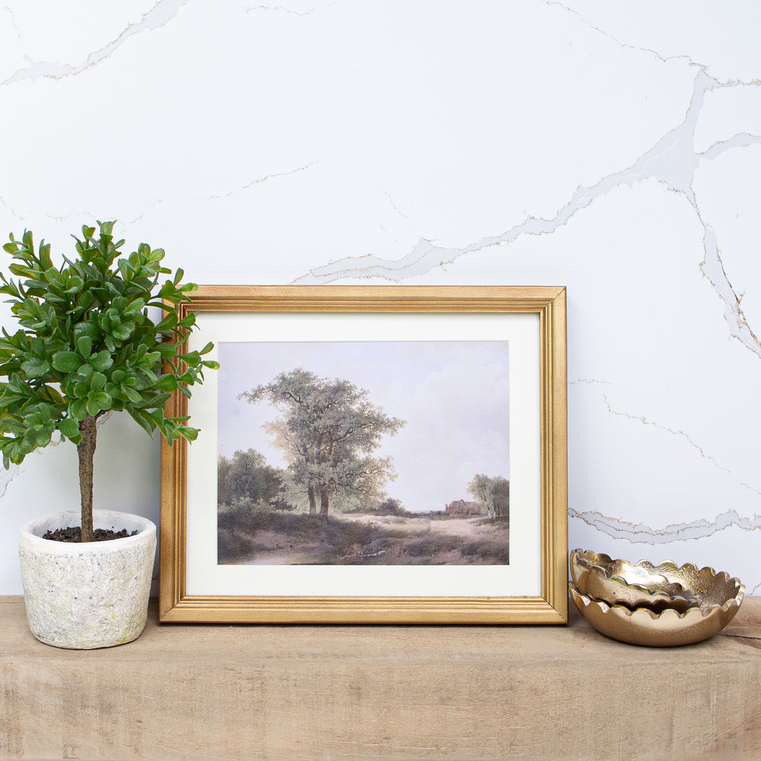 Canvas Wall Art - Landscape featuring a serene tree scene in soft natural tones with a gold-toned frame and white mat.