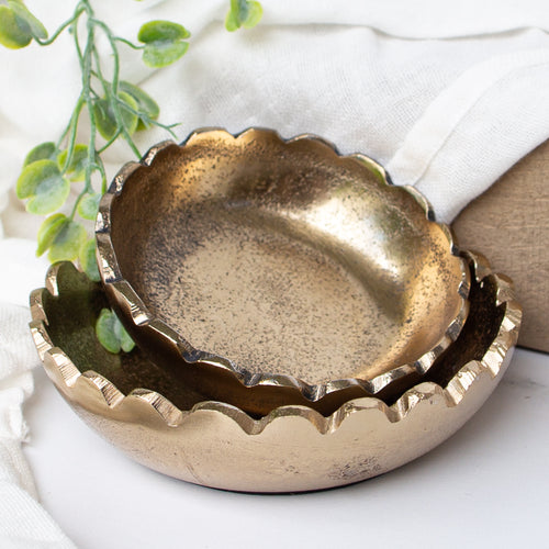 Gold Scalloped Bowls - Set of 2 featuring delicate scalloped rims and a warm vintage glow, perfect for decor.