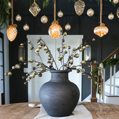 ARRANGEMENT: 4 Handle Vase with Gold Bells and Norfolk Sprays