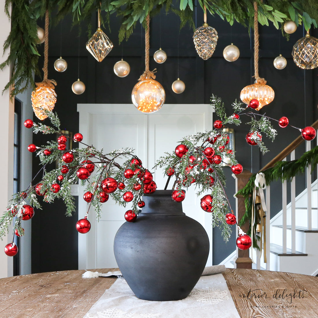 35" Snowy Pine Branch with Red Bells, featuring lush icy pine needles and vibrant red jingle bells, perfect for holiday decoration.