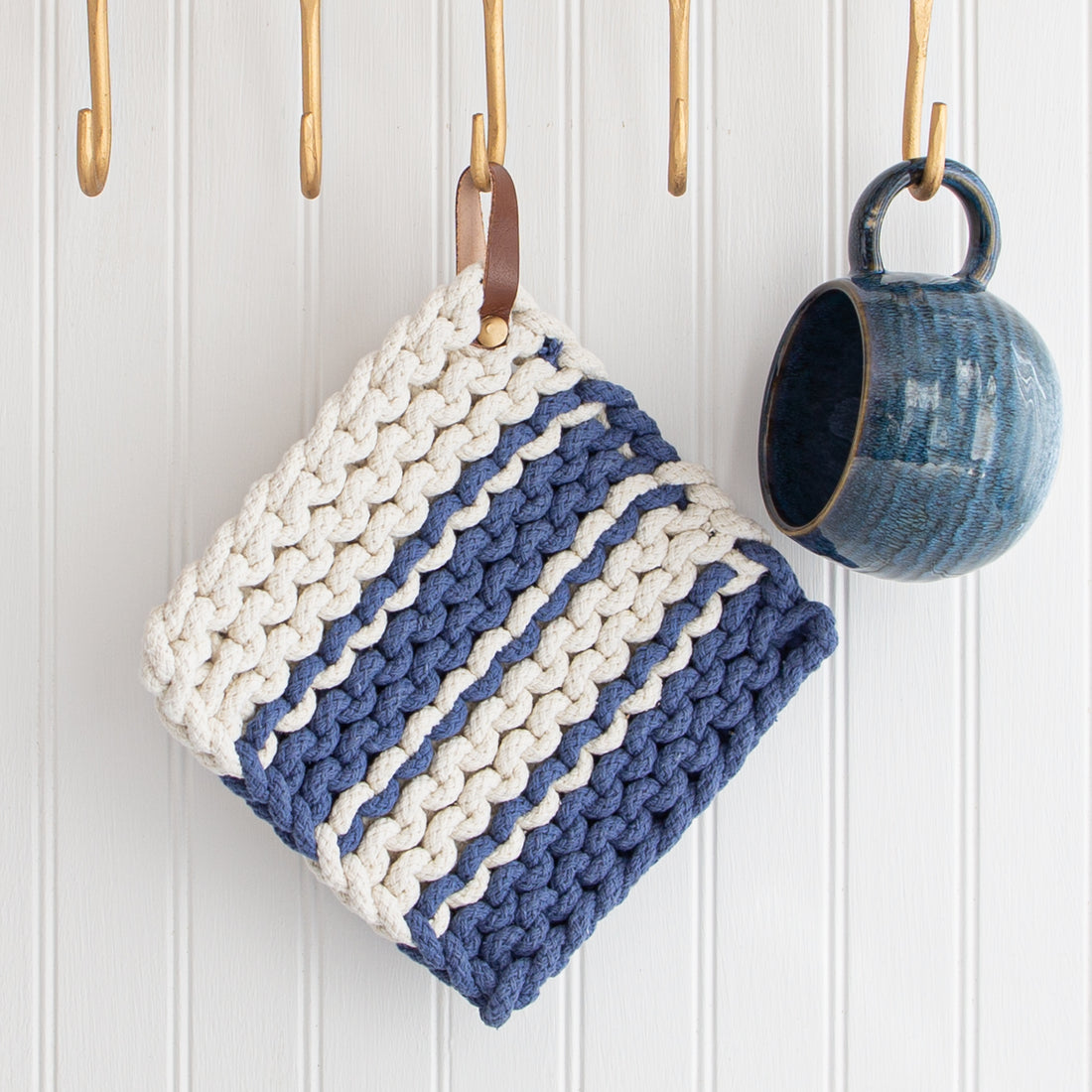 Cream and Blue Stripe Knit Pot Holder - Interior Delights