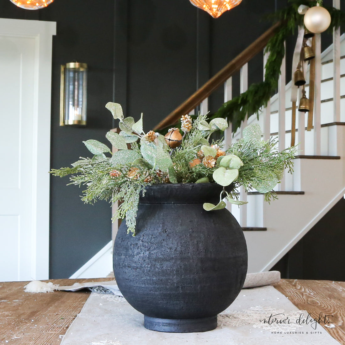 Beautiful holiday display with the Golden Bell Eucalyptus Pick 15&quot;, perfect for centerpieces and festive arrangements.