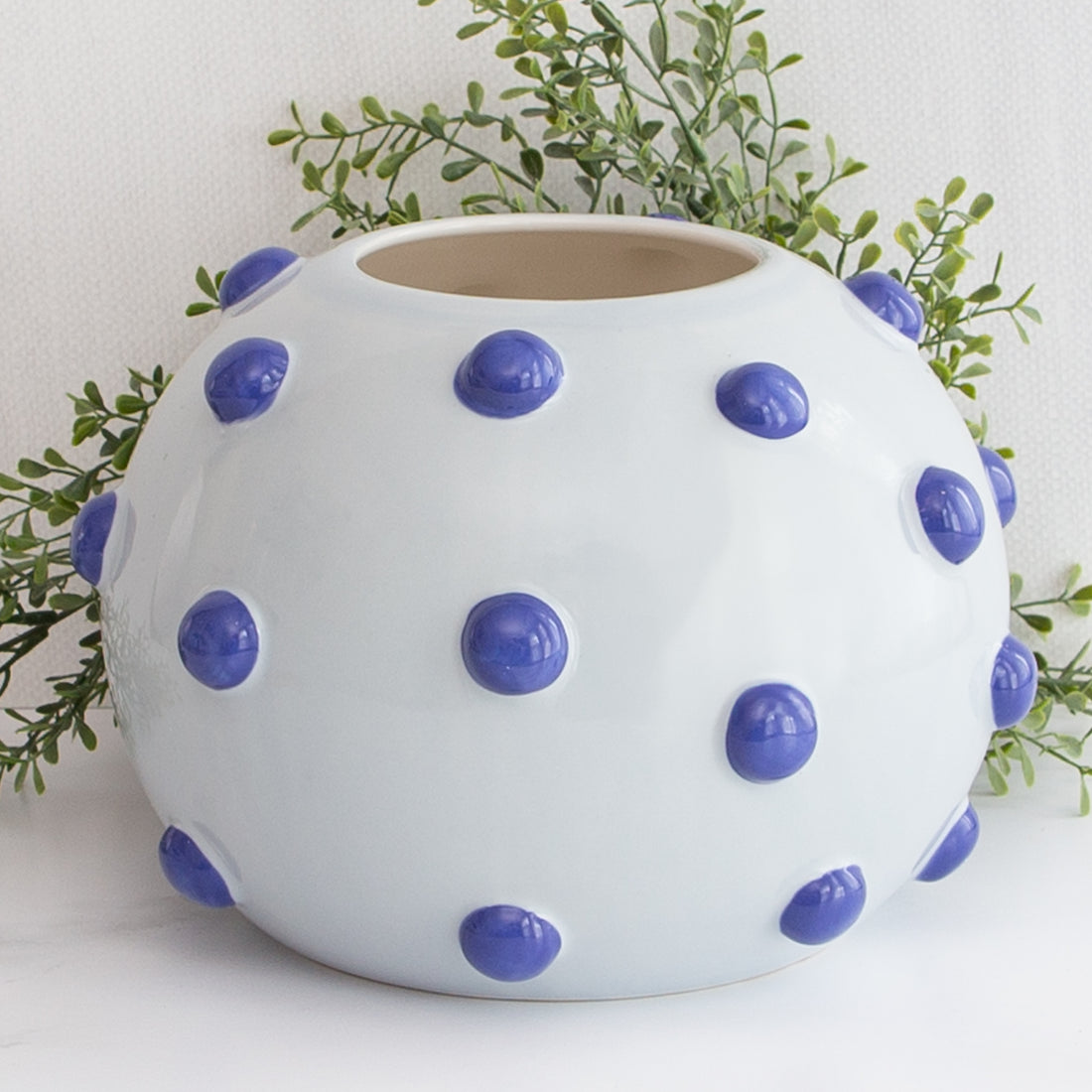 10” Luxe Round Ceramic Vase with Blue Knobs