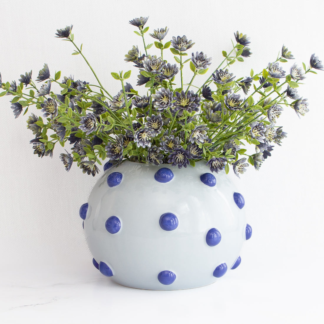 10” Luxe Round Ceramic Vase with Blue Knobs