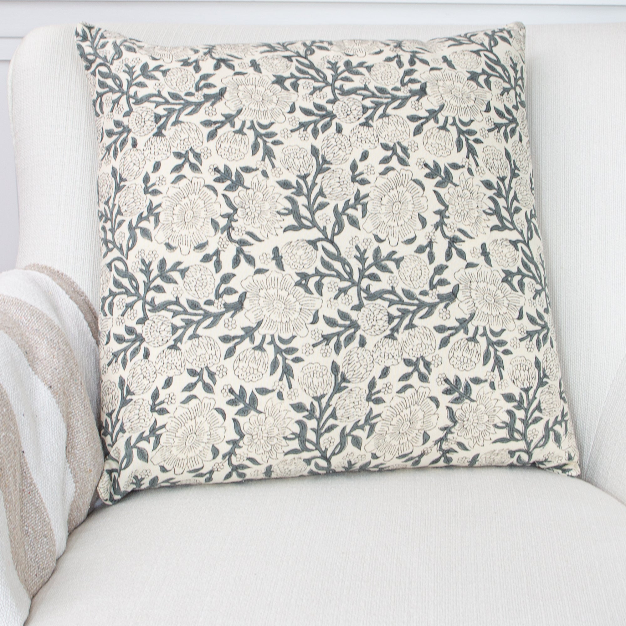 Cream and Dark Sage Zinnia Pillow- 18 x 18