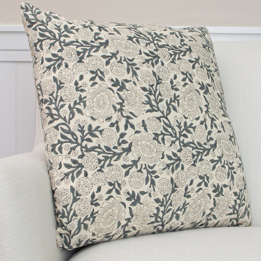 Cream and Dark Sage Zinnia Pillow- 18 x 18