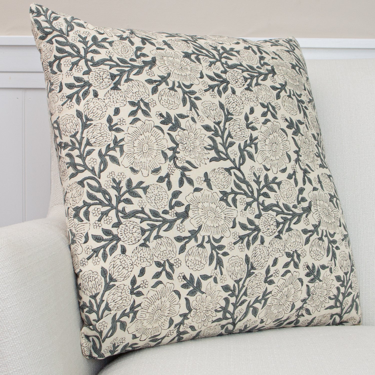 Cream and Dark Sage Zinnia Pillow- 18 x 18