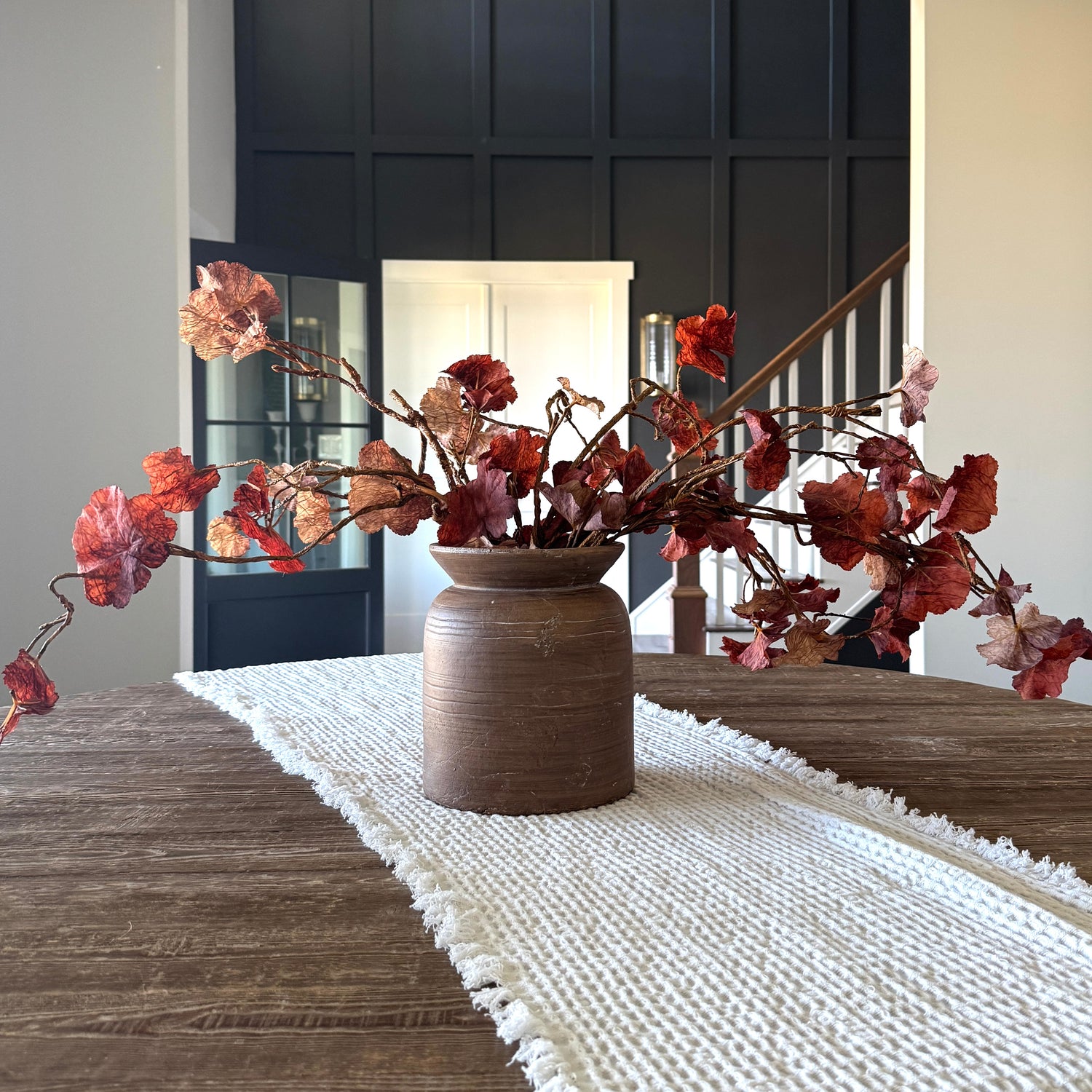 Autumn Leaf Branch + 9&quot; Brown Line Vase Arrangement