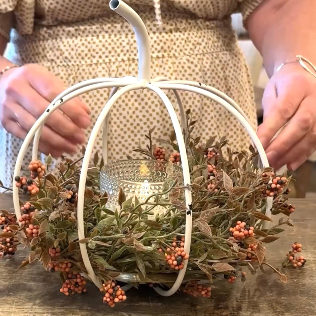 White Metal Pumpkin + Candle + Ring Arrangement