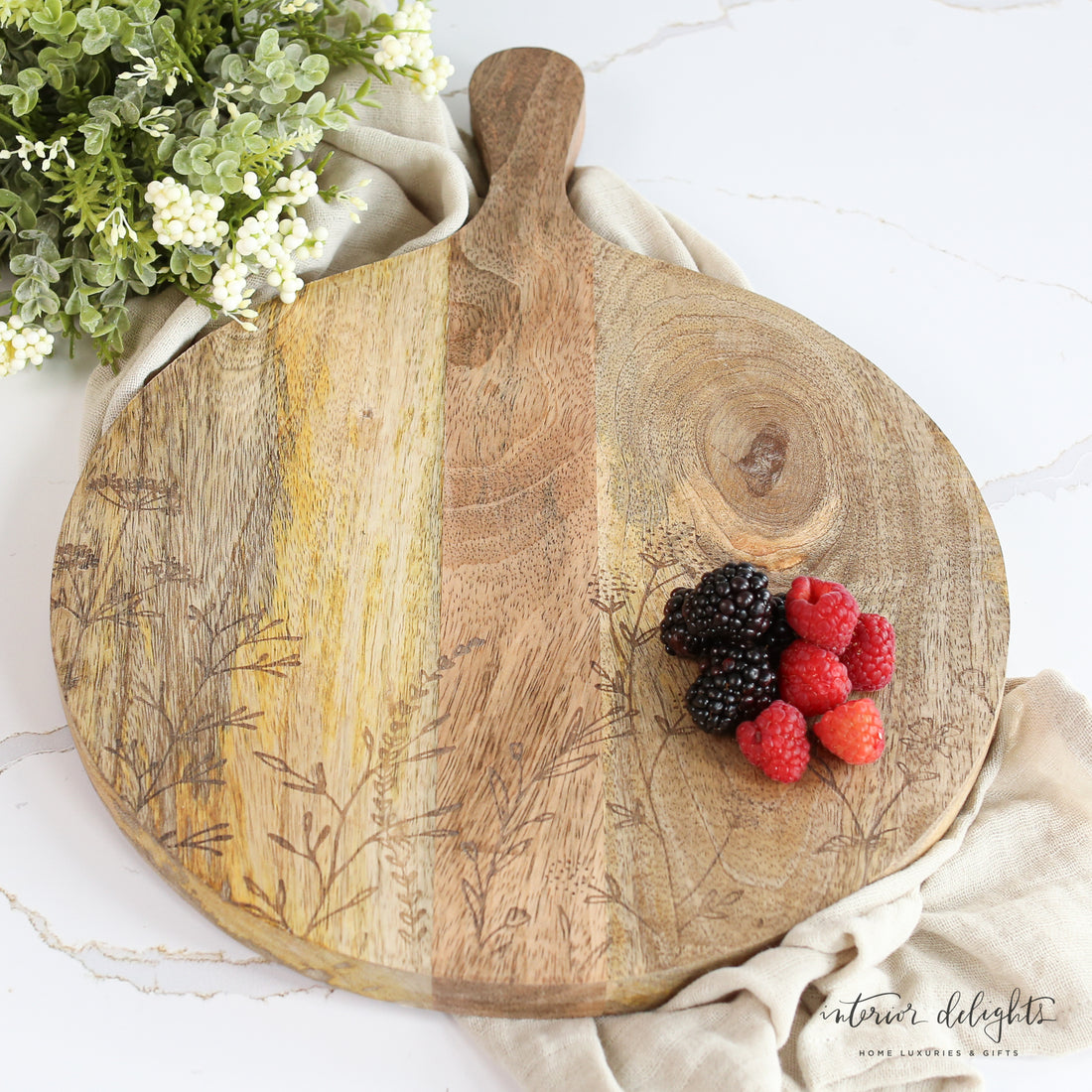 Round Mango Wood Cheese Board with Botanical Etching