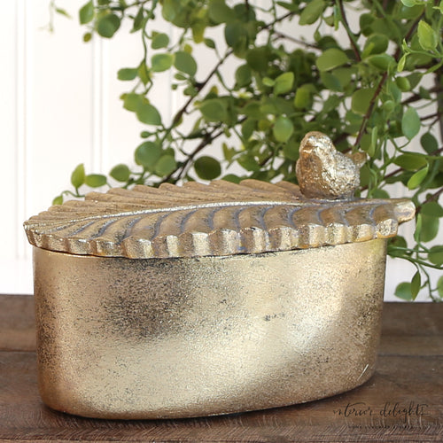 Elegant Bird and Feather Trinket Box with distressed gold patina finish for storing small treasures.