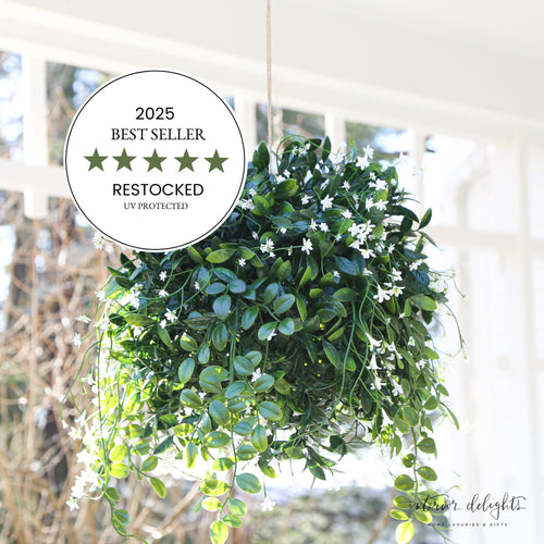 19" UV Protected Round Hanging Boxwood Ball with Baby's Breath adds charming decor indoors or outdoors, featuring realistic greenery and white flowers.